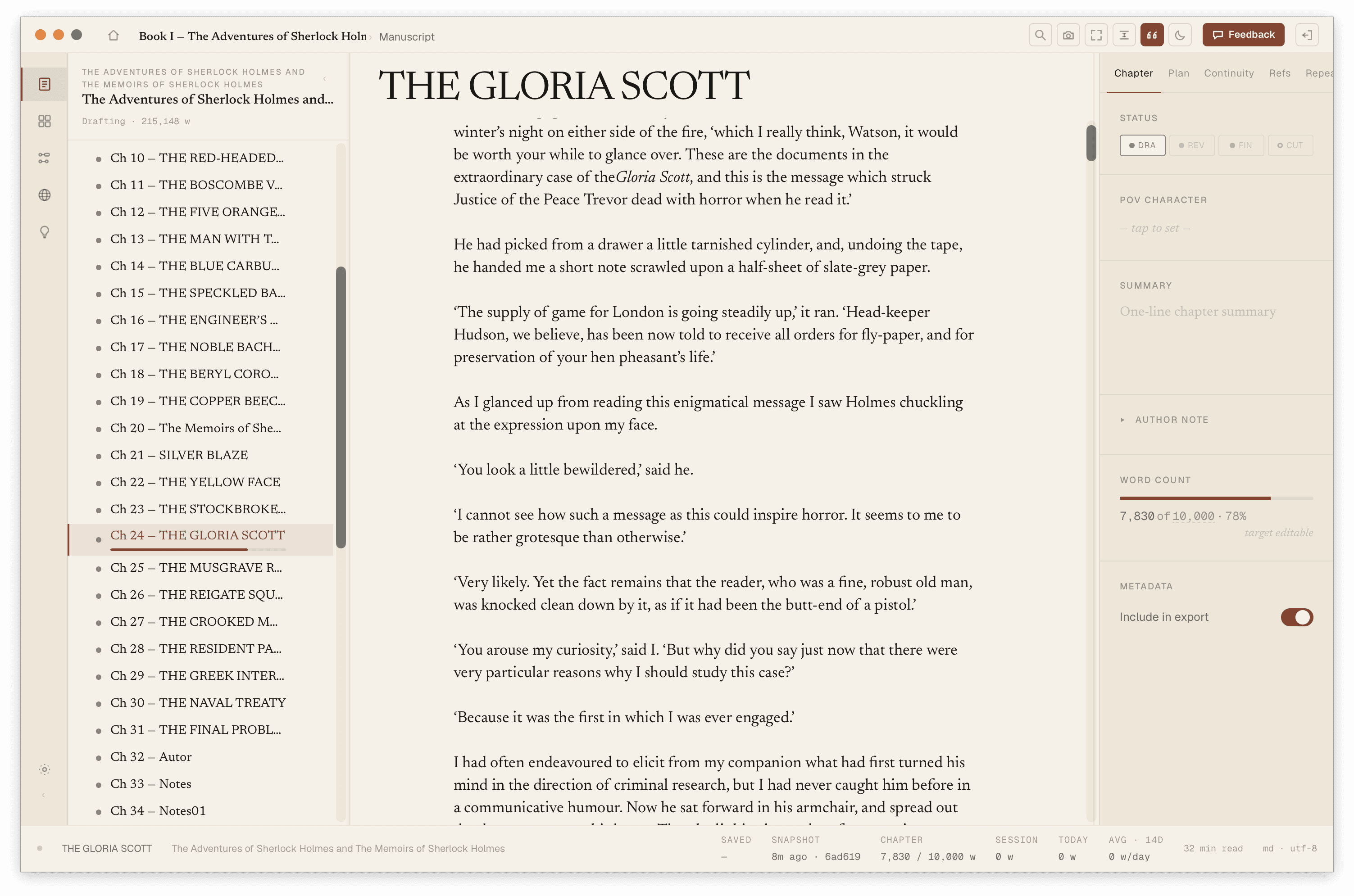 InkSpine manuscript editor showing a chapter of a novel draft, with chapter list and metadata panels